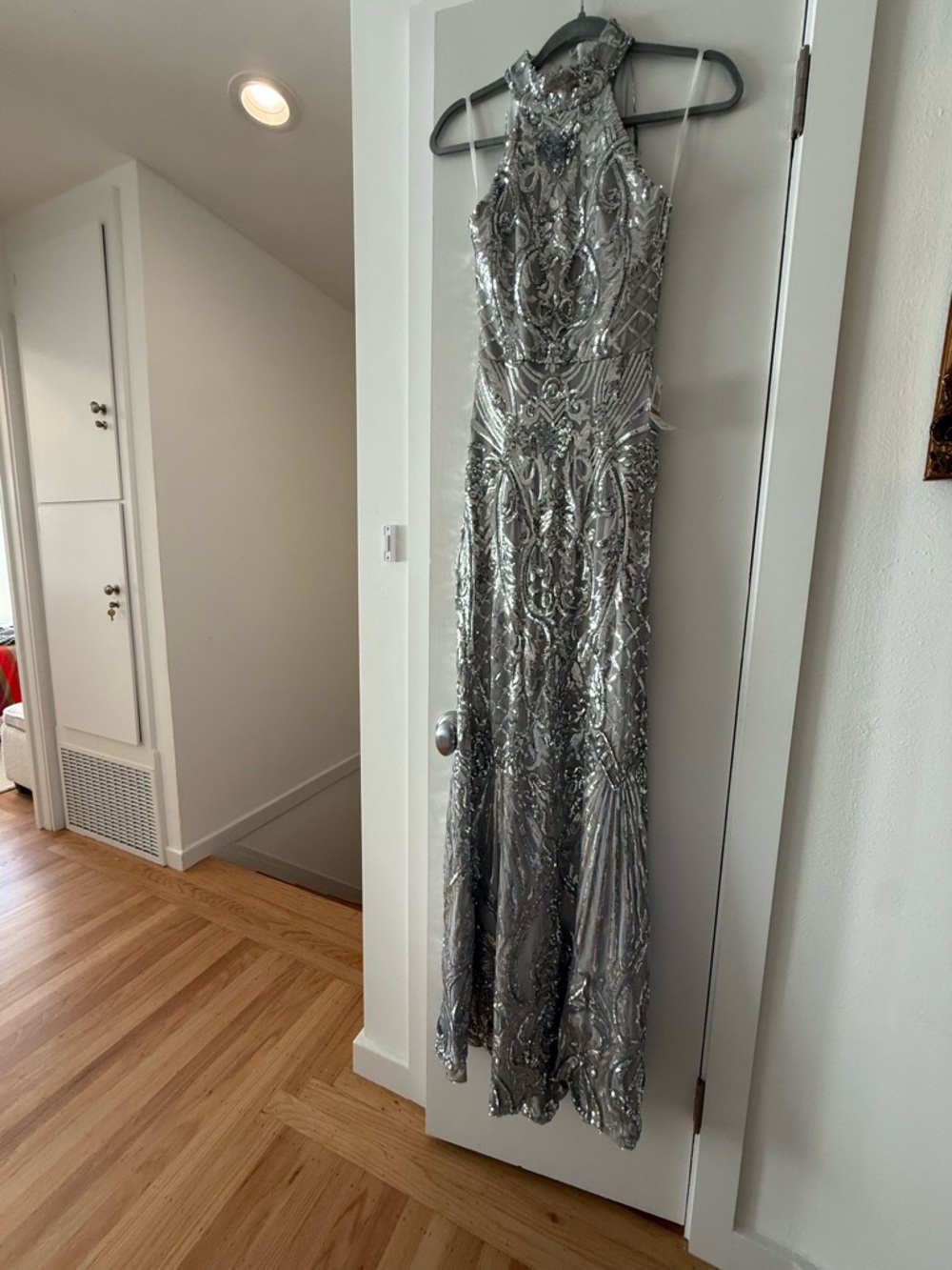 glam Silver Sequined Halter Maxi Gown